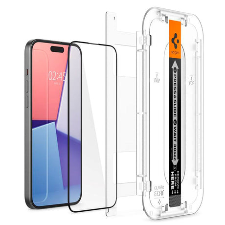 iPhone 15 Spigen EZ Fit Glas.tR Skærmbeskyttelse 2. Stk - Case Friendly - Sort Kant