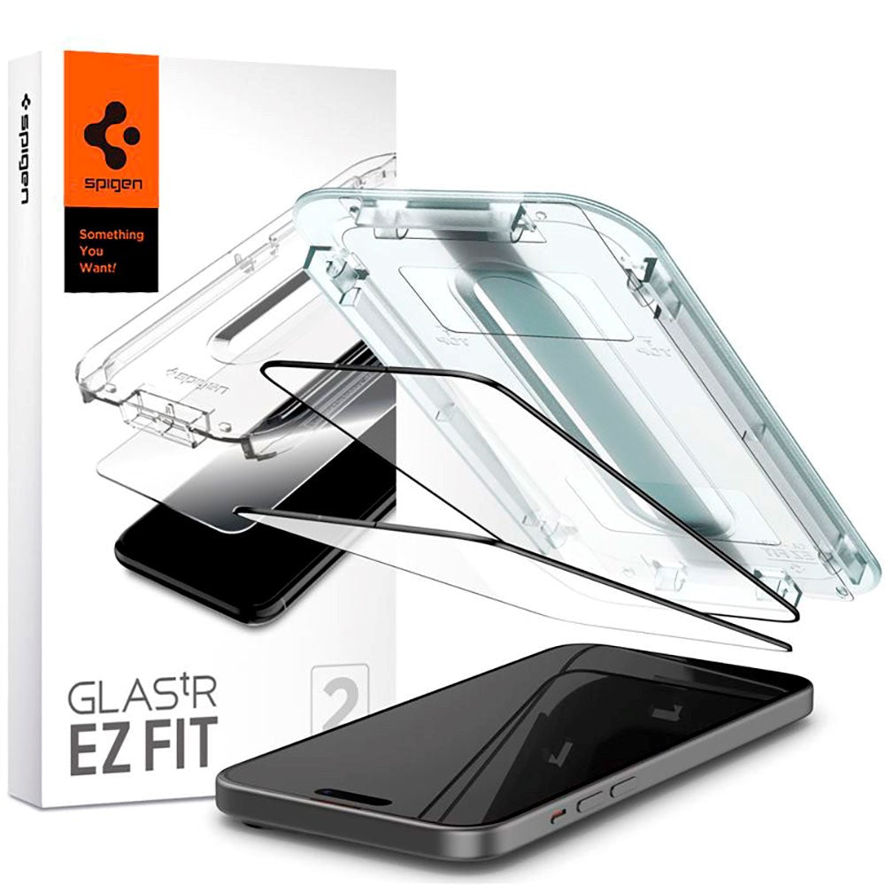 iPhone 15 Spigen EZ Fit Glas.tR Skærmbeskyttelse 2. Stk - Case Friendly - Sort Kant