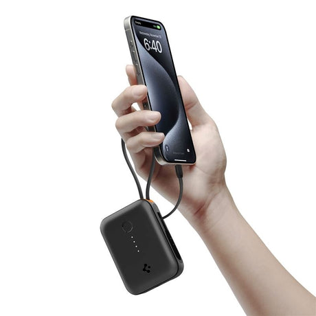 Spigen Essential 10.000mAh Powerbank - Indbygget USB-C Kabel - 30W - Sort