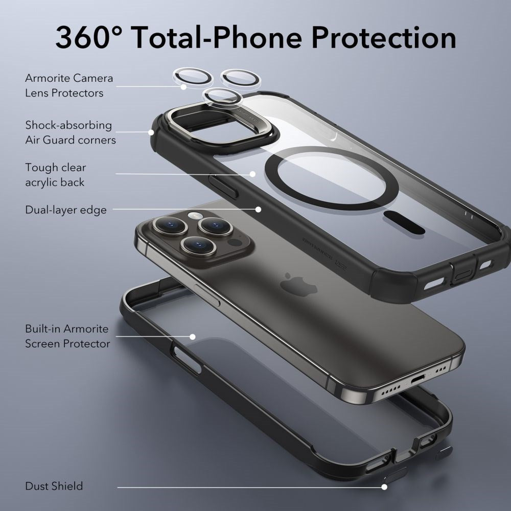 iPhone 15 Pro Max ESR Armor Tough Kickstand Halolock Bagside Cover - MagSafe Kompatibel - Gennemsigtig / Sort