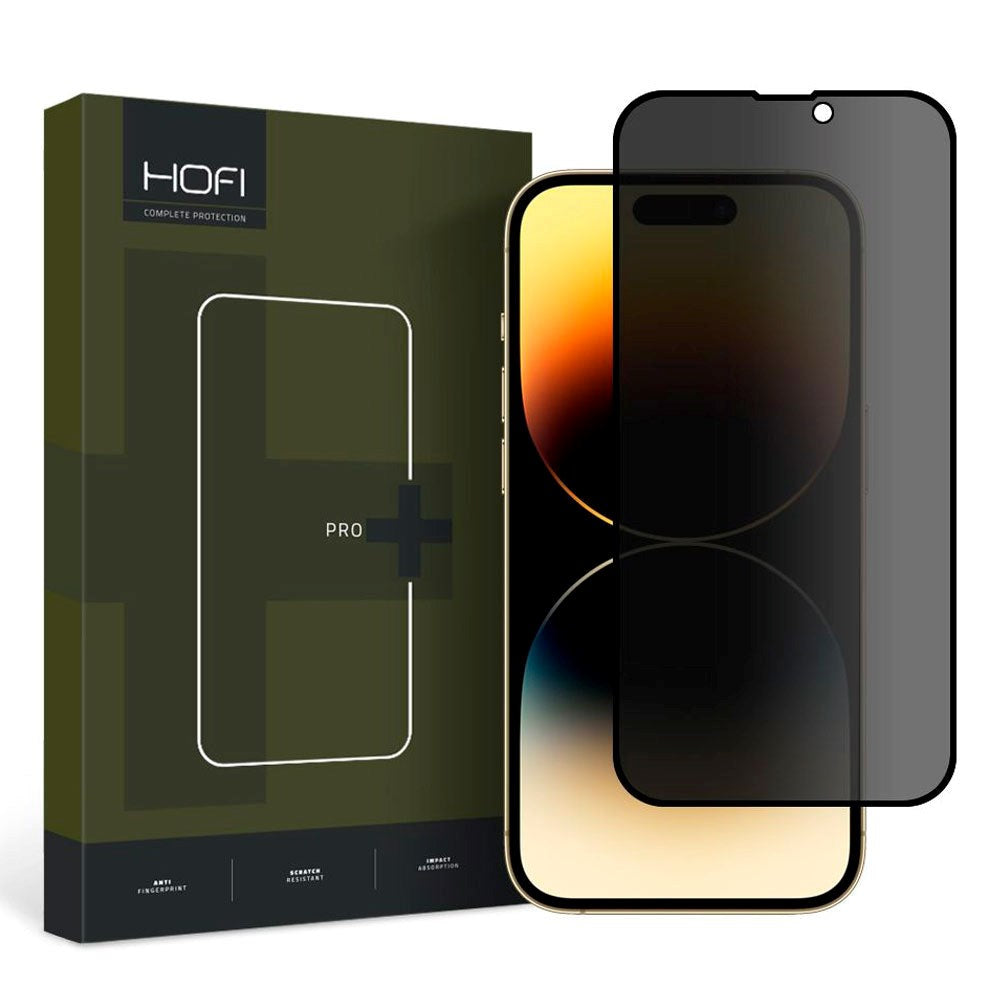 Hofi iPhone 15 Glass Pro+ Skærmbeskyttelse m. Privacy Funktion - Case Friendly - Gennemsigtig / Sort Kant