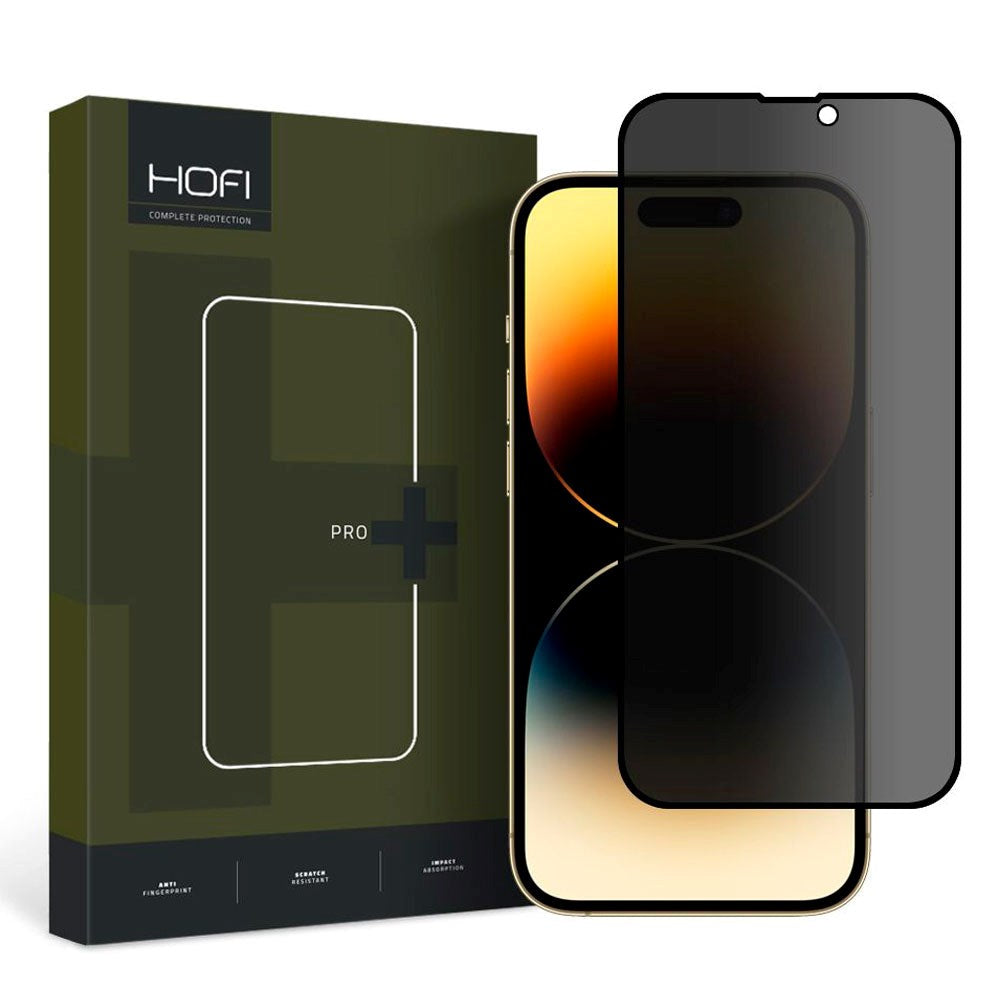 Hofi iPhone 15 Plus Glass Pro+ Skærmbeskyttelse m. Privacy Funktion - Case Friendly - Gennemsigtig / Sort Kant