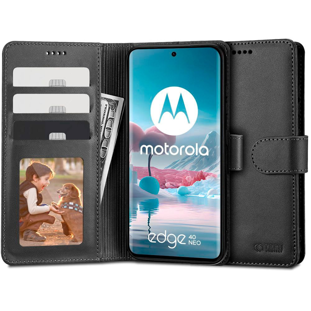 Motorola Edge 40 Neo Tech-Protect Flip Wallet m. Pung & Ståfunktion - Sort