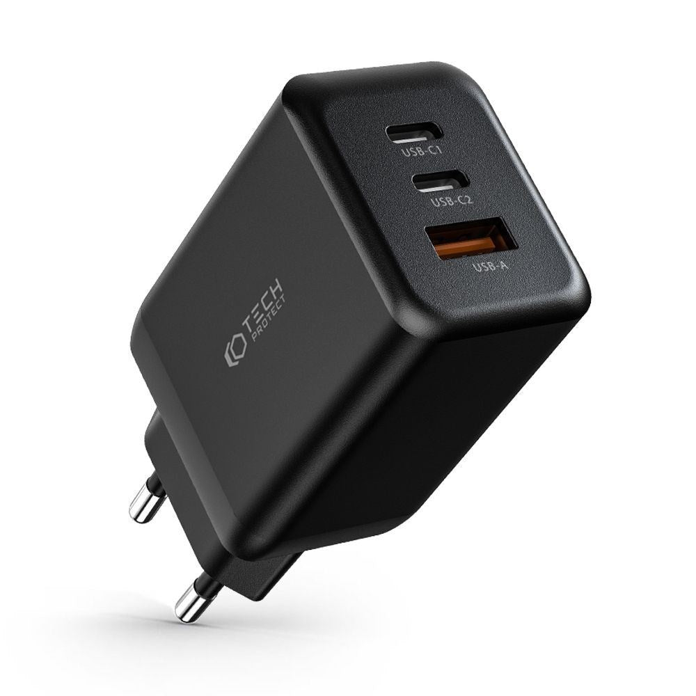 Tech-Protect NC PD 65W Vægoplader m. 2 x USB-C & 1 x USB-A - Sort