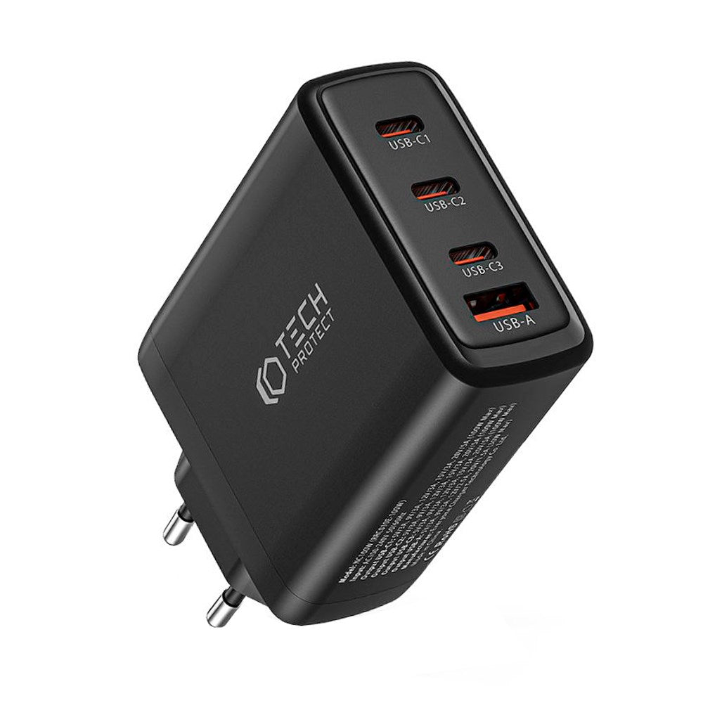 Tech-Protect Network PD GaN 100W Vægoplader m. 3 x USB-C & 1 x USB-A - Sort