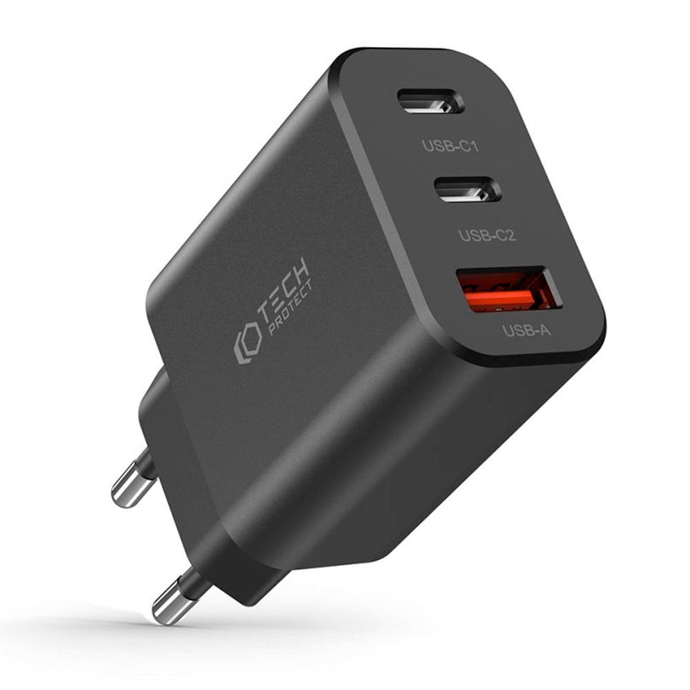 Tech-Protect NC 30W Vægoplader m. 2 x USB-C & 1 x USB-A - Sort