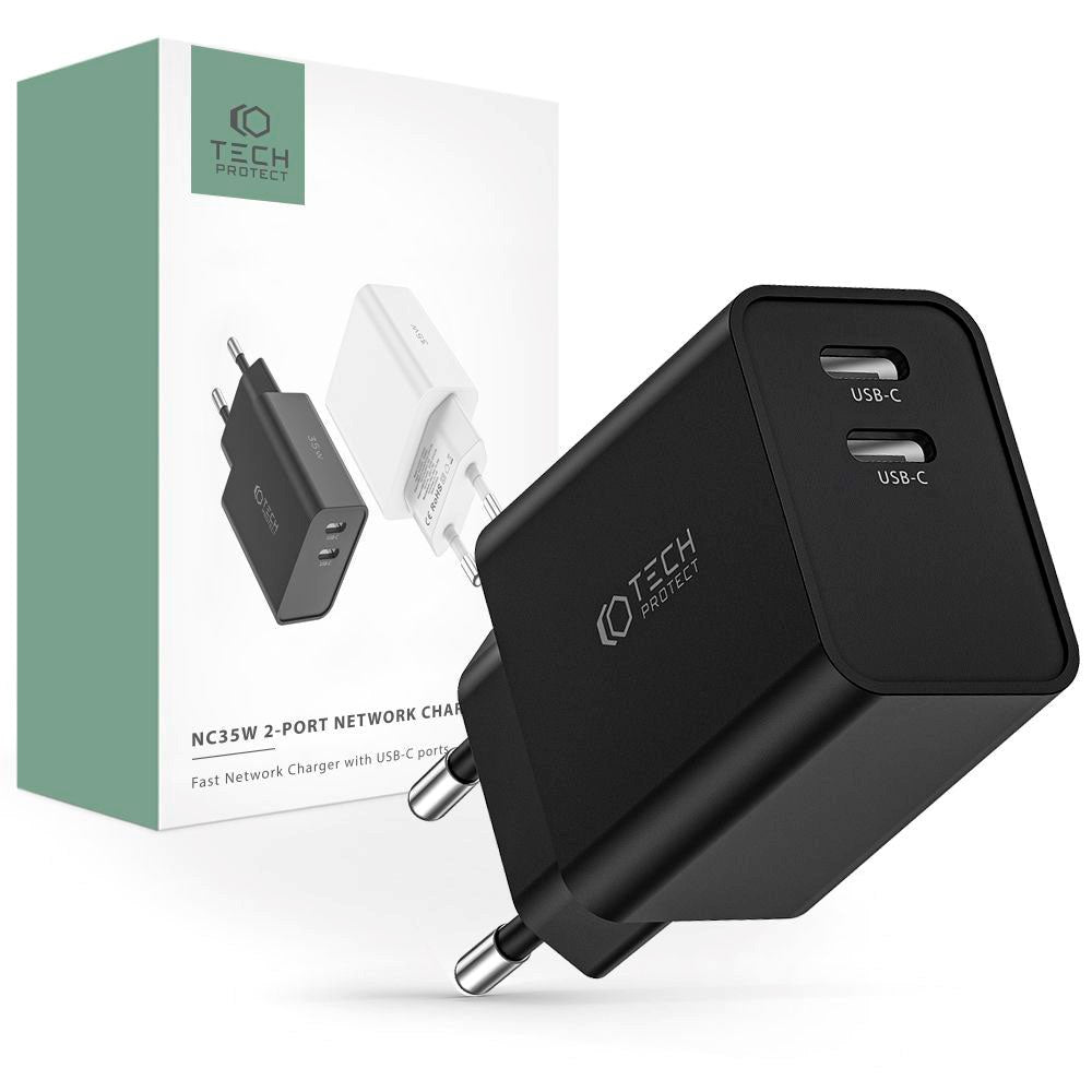 Tech-Protect Network 35W Vægoplader m. 2 x USB-C - Sort