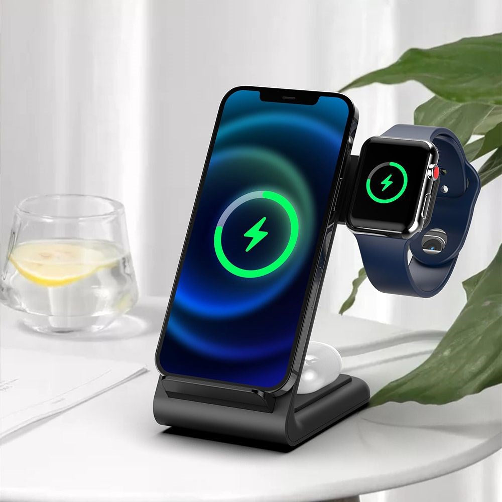 Tech-Protect A20 3-in-1 Trådløs Oplader Station m. Lys 15W - Apple Watch, AirPods & Smartphone - Sort