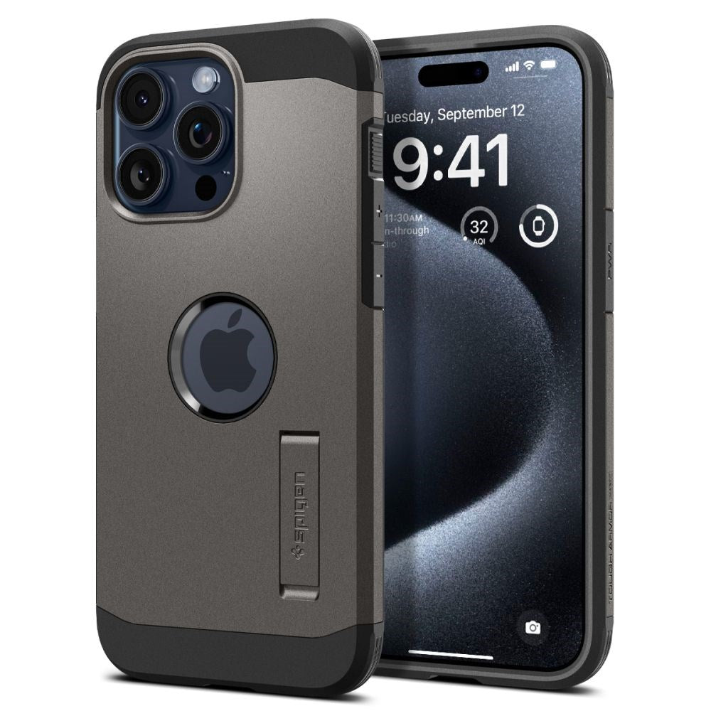 iPhone 15 Pro Spigen Tough Armor Case m. Kickstand - MagSafe Kompatibel - Gun Metal