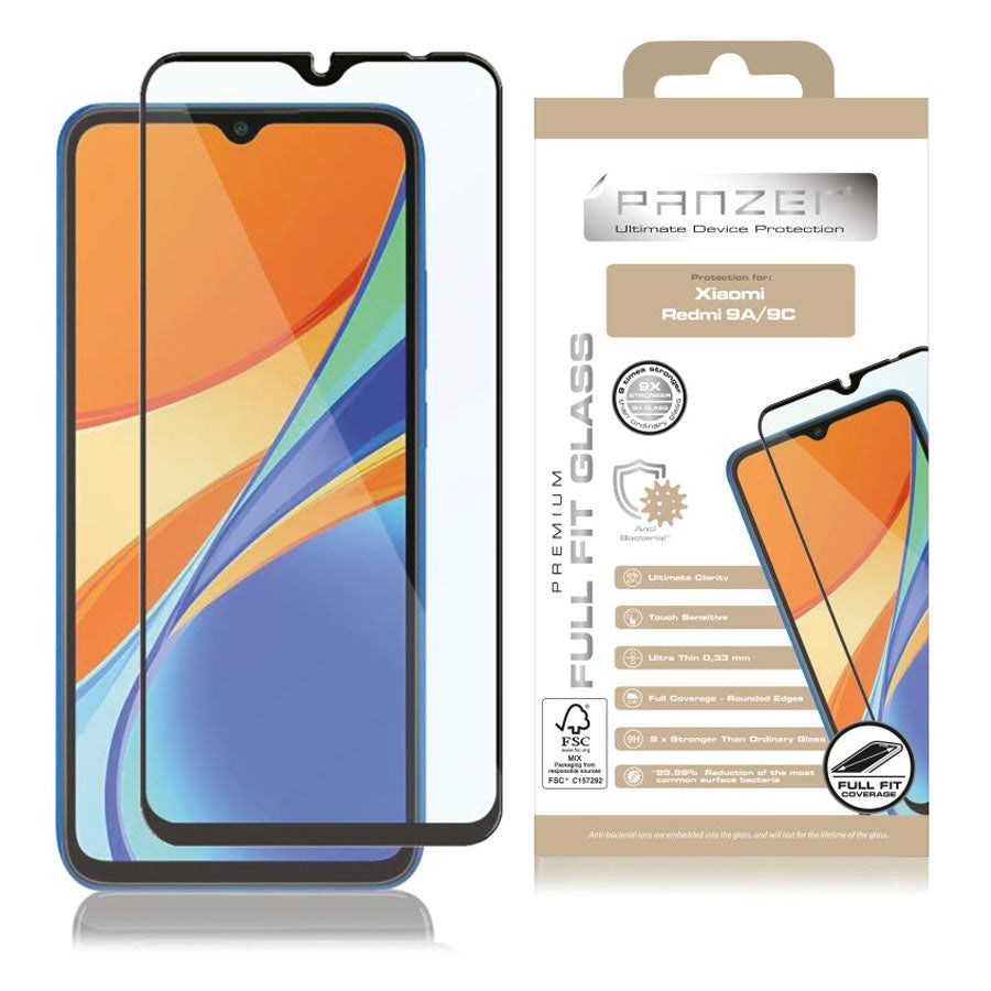 Xiaomi Redmi 9A / 9C PANZER Premium Full Fit - Hærdet Glas - Sort Ramme