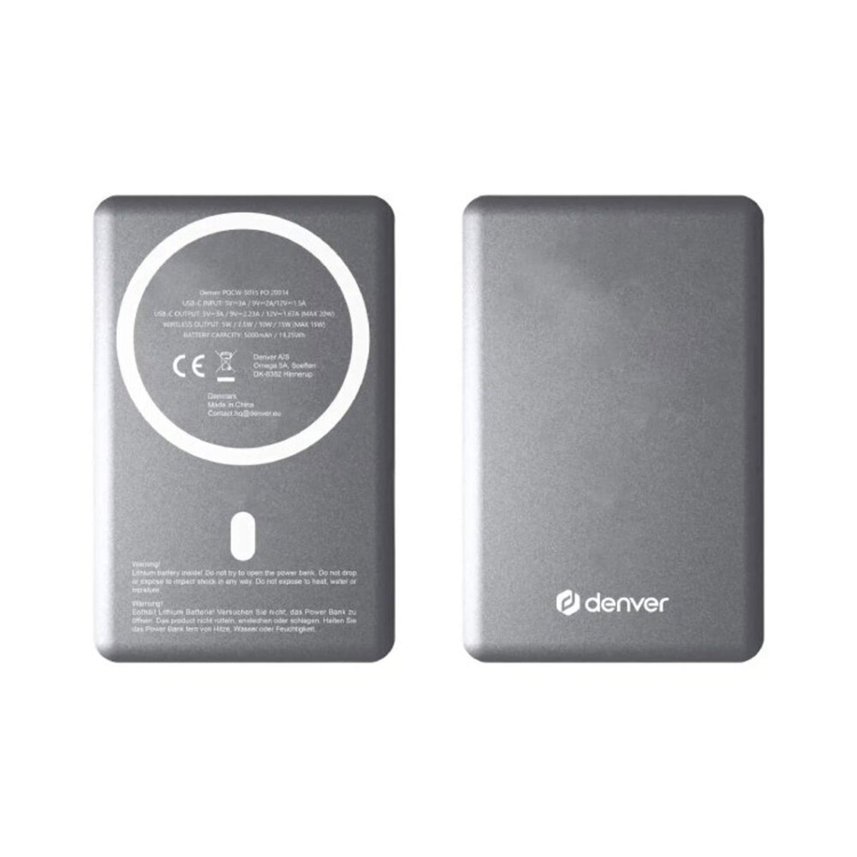 Denver PQCW-5015 Trådløs PowerBank - 15W / 5000 mAh - MagSafe Kompatibel - Grå