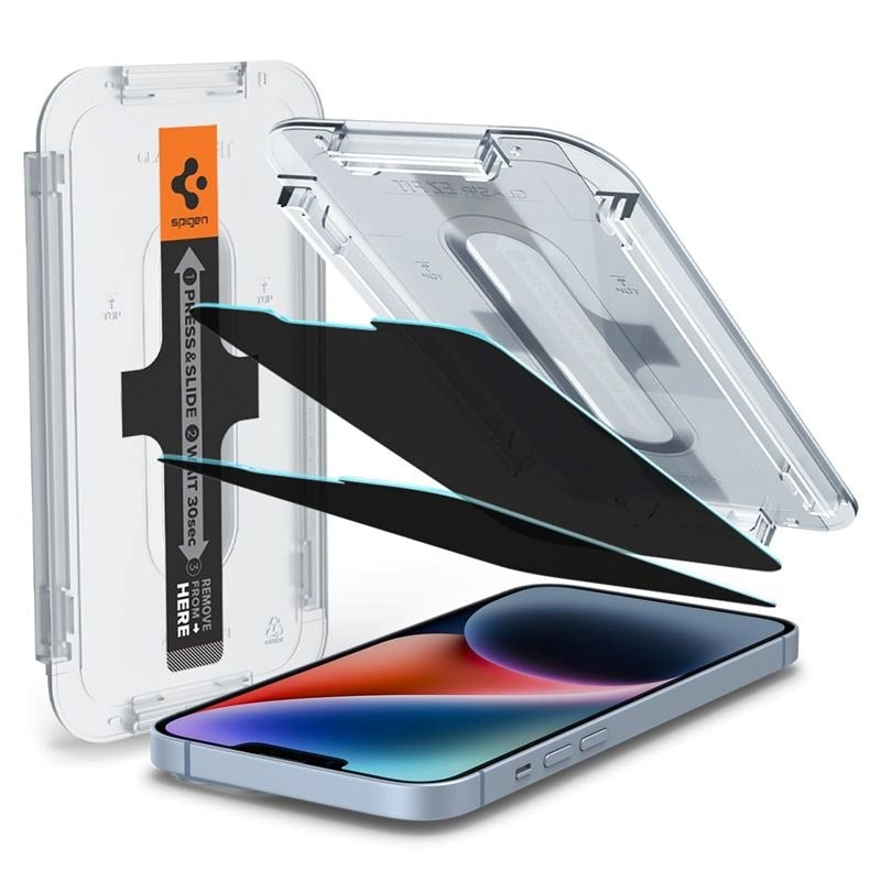 iPhone 14 / 13 / 13 Pro Spigen EZ Fit Glas.tR Beskyttelsesglas 2 Stk. - Privacy Filter - Case Friendly - Gennemsigtig
