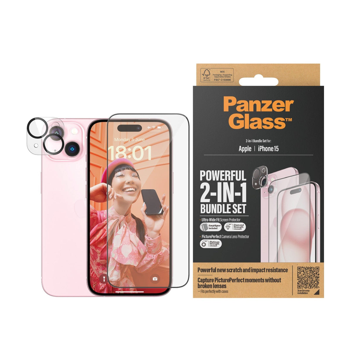 iPhone 15 PanzerGlass 2-i-1 Bundle m. EasyAligner - Skærmbeskyttelse / Kamerabeskyttelse - Gennemsigtig / Sort