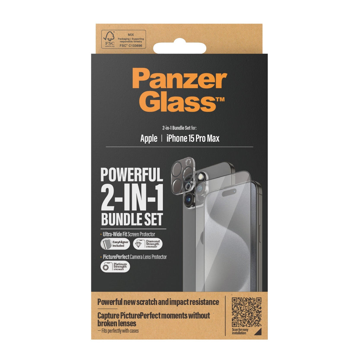 iPhone 15 Pro Max PanzerGlass 2-i-1 Bundle m. EasyAligner - Skærmbeskyttelse / Kamerabeskyttelse - Gennemsigtig / Sort