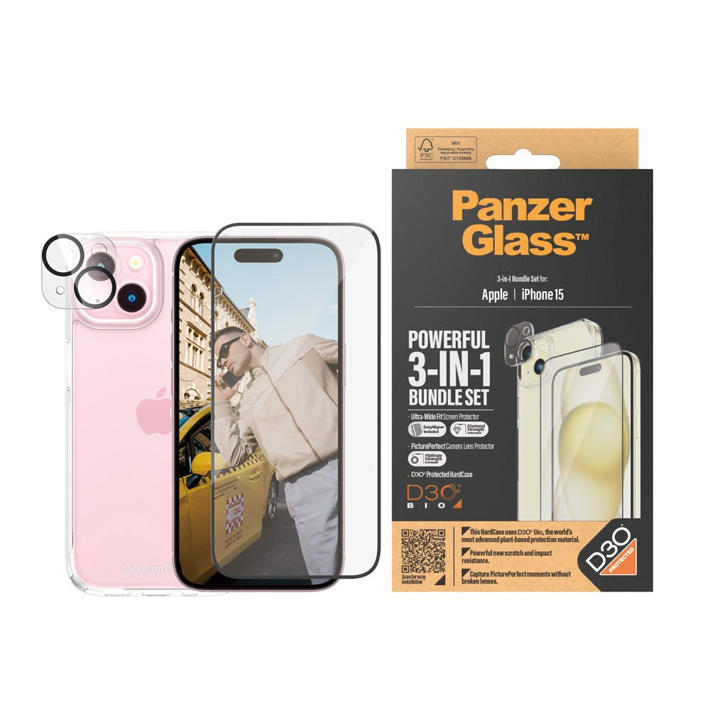 iPhone 15 PanzerGlass 3-i-1 Bundle m. EasyAligner - Skærmbeskyttelse (UWF) / Bagsidecover / Kamerabeskyttelse - Gennemsigtig / Sort