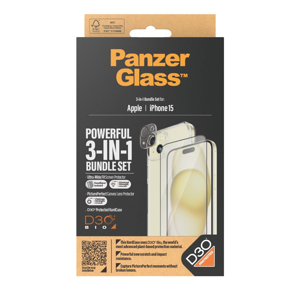 iPhone 15 PanzerGlass 3-i-1 Bundle m. EasyAligner - Skærmbeskyttelse (UWF) / Bagsidecover / Kamerabeskyttelse - Gennemsigtig / Sort