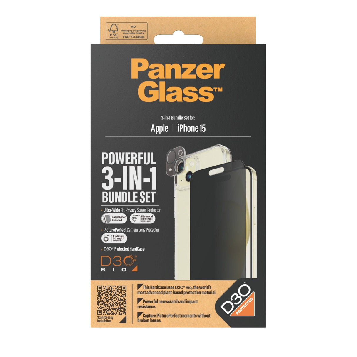 iPhone 15 PanzerGlass 3-i-1 Bundle m. EasyAligner - Privacy Skærmbeskyttelse (UWF) / Bagsidecover / Kamerabeskyttelse - Gennemsigtig / Sort