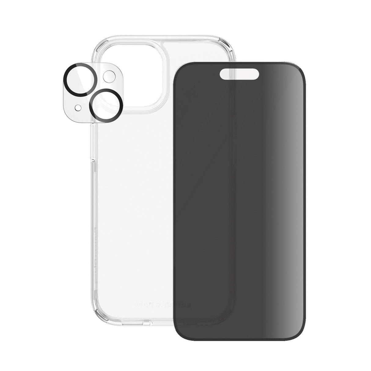 iPhone 15 PanzerGlass 3-i-1 Bundle m. EasyAligner - Privacy Skærmbeskyttelse (UWF) / Bagsidecover / Kamerabeskyttelse - Gennemsigtig / Sort