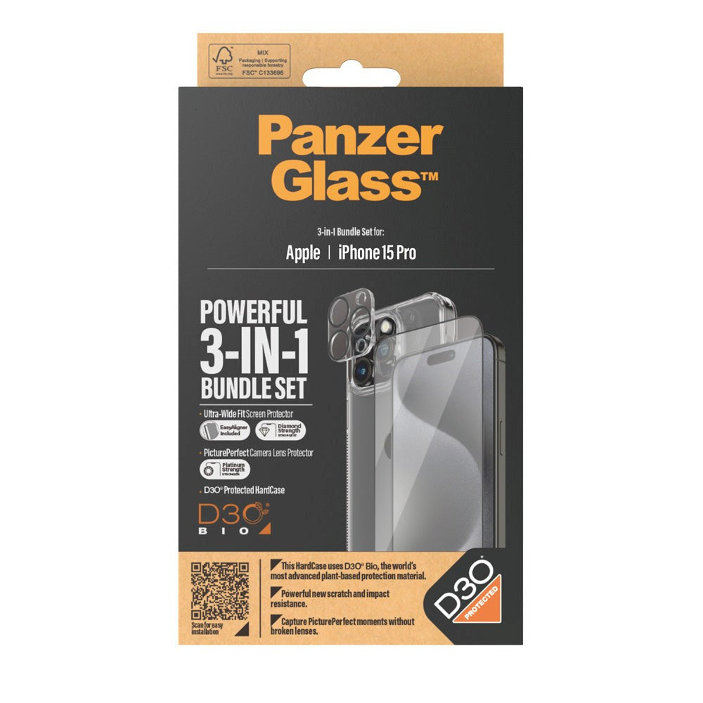 iPhone 15 Pro PanzerGlass 3-i-1 Bundle m. EasyAligner - Skærmbeskyttelse (UWF) / Bagsidecover / Kamerabeskyttelse - Gennemsigtig / Sort