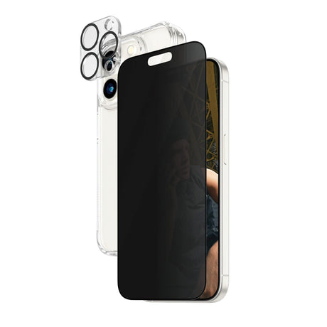 iPhone 15 Pro PanzerGlass 3-i-1 Bundle m. EasyAligner - Privacy Skærmbeskyttelse (UWF) / Bagsidecover / Kamerabeskyttelse - Gennemsigtig / Sort