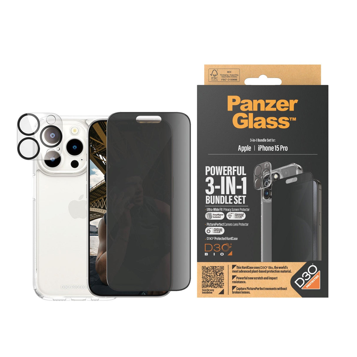 iPhone 15 Pro PanzerGlass 3-i-1 Bundle m. EasyAligner - Privacy Skærmbeskyttelse (UWF) / Bagsidecover / Kamerabeskyttelse - Gennemsigtig / Sort