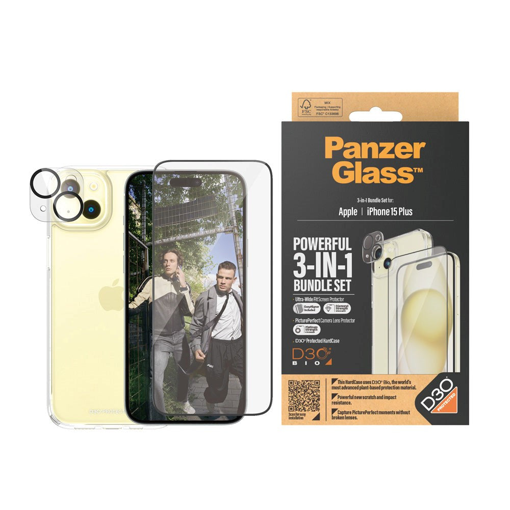 iPhone 15 Plus PanzerGlass 3-i-1 Bundle m. EasyAligner - Skærmbeskyttelse (UWF) / Bagsidecover / Kamerabeskyttelse - Gennemsigtig / Sort