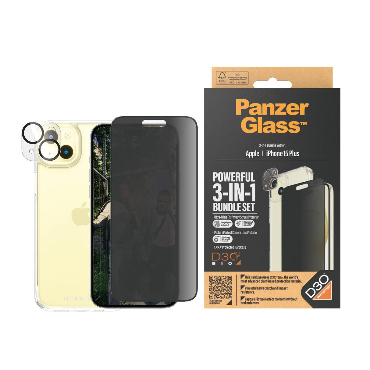 iPhone 15 Plus PanzerGlass 3-i-1 Bundle m. EasyAligner - Privacy Skærmbeskyttelse (UWF) / Bagsidecover / Kamerabeskyttelse - Gennemsigtig / Sort