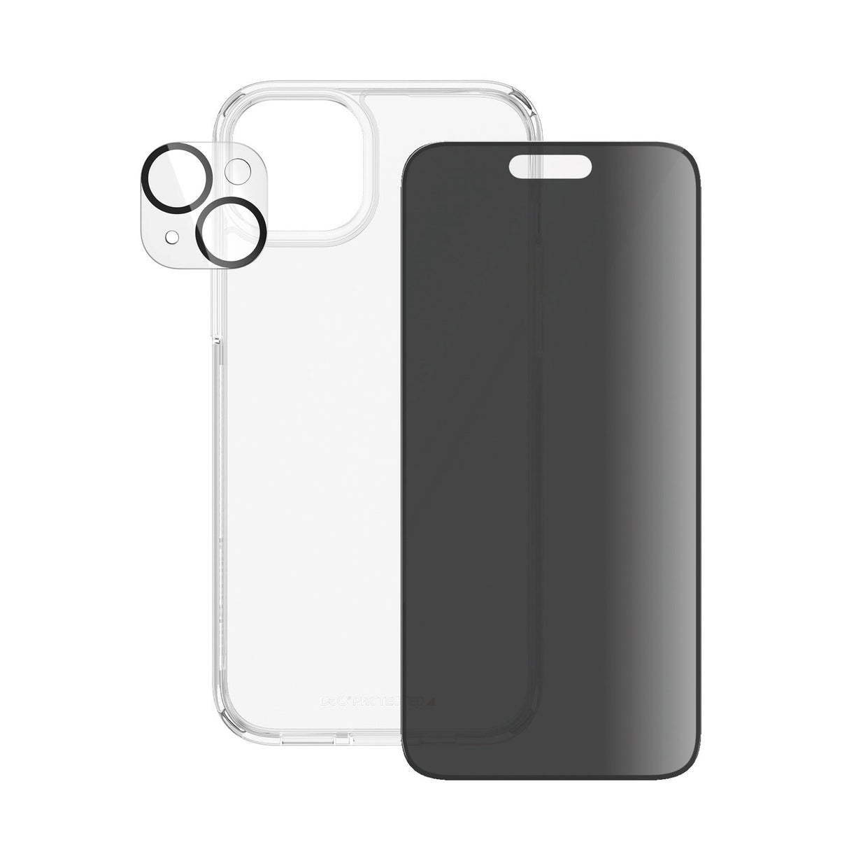 iPhone 15 Plus PanzerGlass 3-i-1 Bundle m. EasyAligner - Privacy Skærmbeskyttelse (UWF) / Bagsidecover / Kamerabeskyttelse - Gennemsigtig / Sort