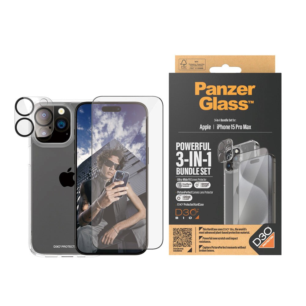 iPhone 15 Pro Max PanzerGlass 3-i-1 Bundle m. EasyAligner - Skærmbeskyttelse (UWF) / Bagsidecover / Kamerabeskyttelse - Gennemsigtig / Sort