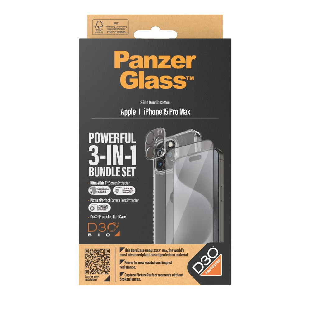 iPhone 15 Pro Max PanzerGlass 3-i-1 Bundle m. EasyAligner - Skærmbeskyttelse (UWF) / Bagsidecover / Kamerabeskyttelse - Gennemsigtig / Sort