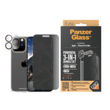 iPhone 15 Pro Max PanzerGlass 3-i-1 Bundle m. EasyAligner - Privacy Skærmbeskyttelse (UWF) / Bagsidecover / Kamerabeskyttelse - Gennemsigtig / Sort