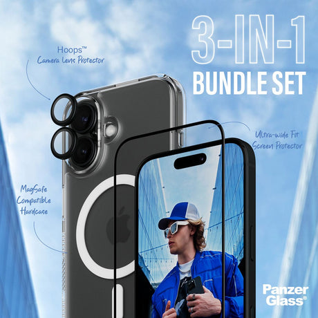 iPhone 16 PanzerGlass 3-i-1 Bundle m. EasyAligner - Skærmbeskyttelse (UWF) / Bagsidecover / Kamerabeskyttelse - Gennemsigtig / Sort