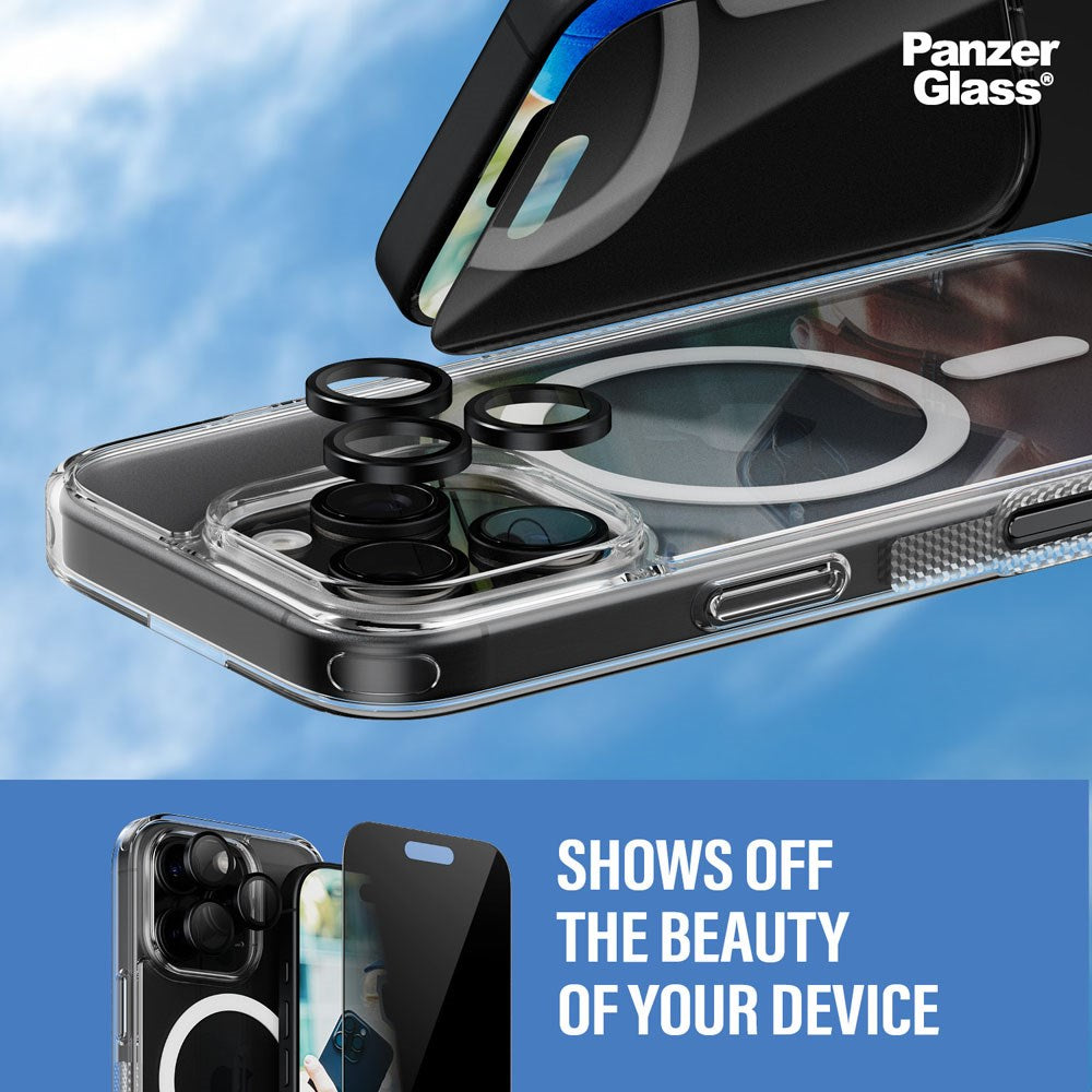 iPhone 16 Pro PanzerGlass 3-i-1 Bundle m. EasyAligner - Privacy Skærmbeskyttelse (UWF) / Bagsidecover / Kamerabeskyttelse - Gennemsigtig / Sort