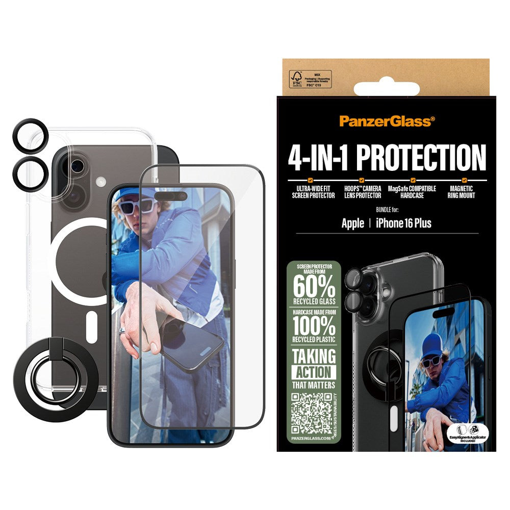 iPhone 16 Plus PanzerGlass 4-i-1 Bundle m. EasyAligner - Skærmbeskyttelse (UWF) / Bagsidecover / Kamerabeskyttelse / Fingerring - Gennemsigtig / Sort