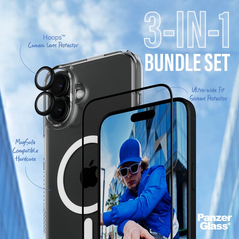 iPhone 16 Plus PanzerGlass 3-i-1 Bundle m. EasyAligner - Skærmbeskyttelse (UWF) / Bagsidecover / Kamerabeskyttelse - Gennemsigtig / Sort