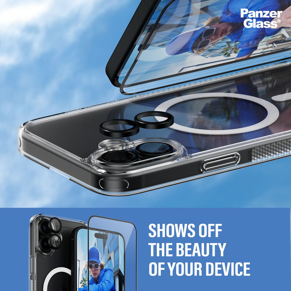 iPhone 16 Plus PanzerGlass 3-i-1 Bundle m. EasyAligner - Skærmbeskyttelse (UWF) / Bagsidecover / Kamerabeskyttelse - Gennemsigtig / Sort