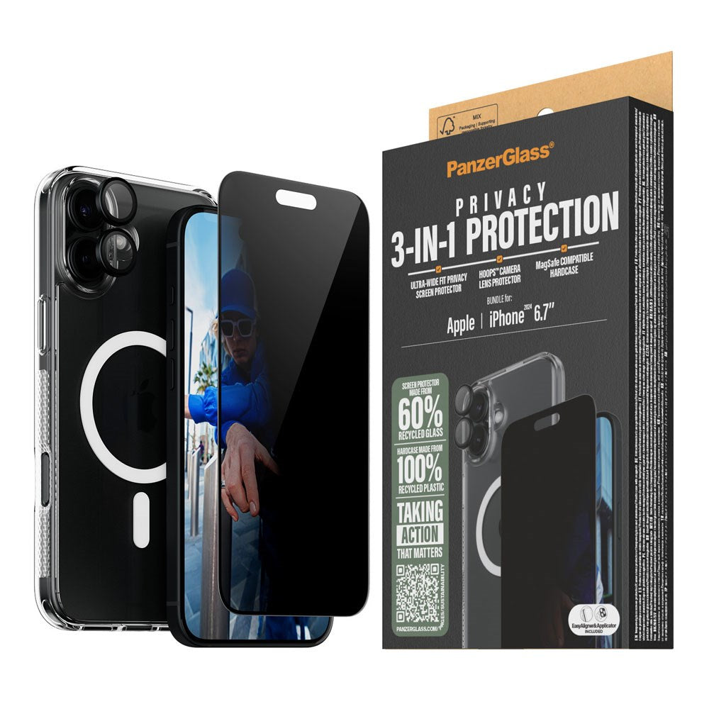 iPhone 16 Plus PanzerGlass 3-i-1 Bundle m. EasyAligner - Privacy Skærmbeskyttelse (UWF) / Bagsidecover / Kamerabeskyttelse - Gennemsigtig / Sort