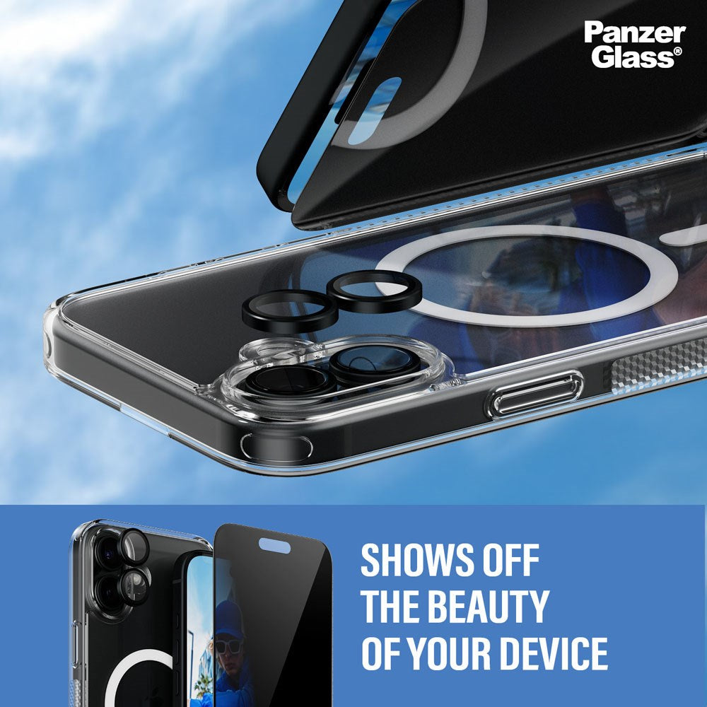 iPhone 16 Plus PanzerGlass 3-i-1 Bundle m. EasyAligner - Privacy Skærmbeskyttelse (UWF) / Bagsidecover / Kamerabeskyttelse - Gennemsigtig / Sort