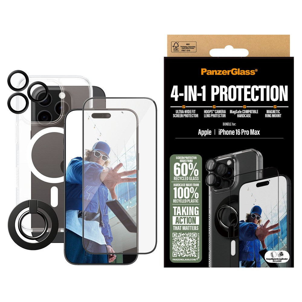 iPhone 16 Pro Max PanzerGlass 4-i-1 Bundle m. EasyAligner - Skærmbeskyttelse (UWF) / Bagsidecover / Kamerabeskyttelse / Fingerring - Gennemsigtig / Sort