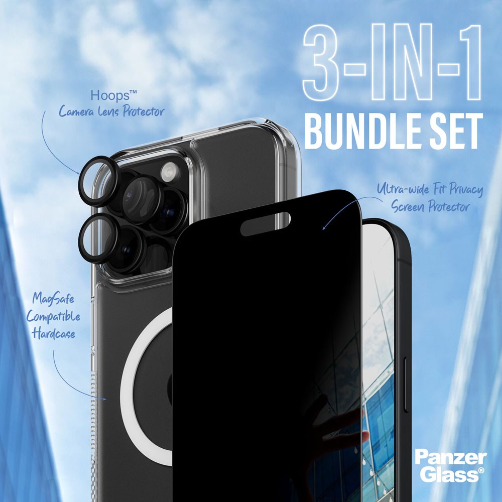 iPhone 16 Pro Max PanzerGlass 3-i-1 Bundle m. EasyAligner - Privacy Skærmbeskyttelse (UWF) / Bagsidecover / Kamerabeskyttelse - Gennemsigtig / Sort