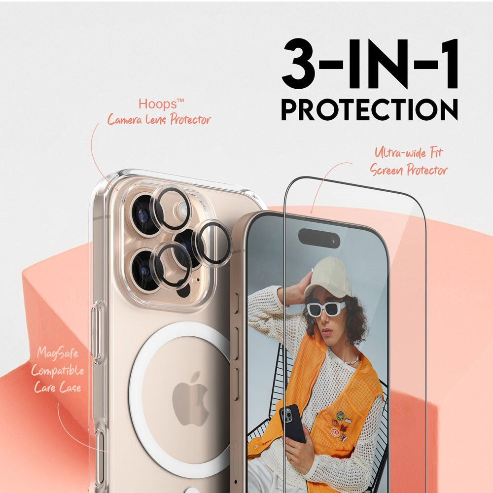 CARE By PanzerGlass iPhone 16 Pro 3-i-1 FLAGSHIP MagSafe Bundle - Skærmbeskyttelse (UWF) / Bagsidecover / Kamerabeskyttelse - Gennemsigtig / Hvid