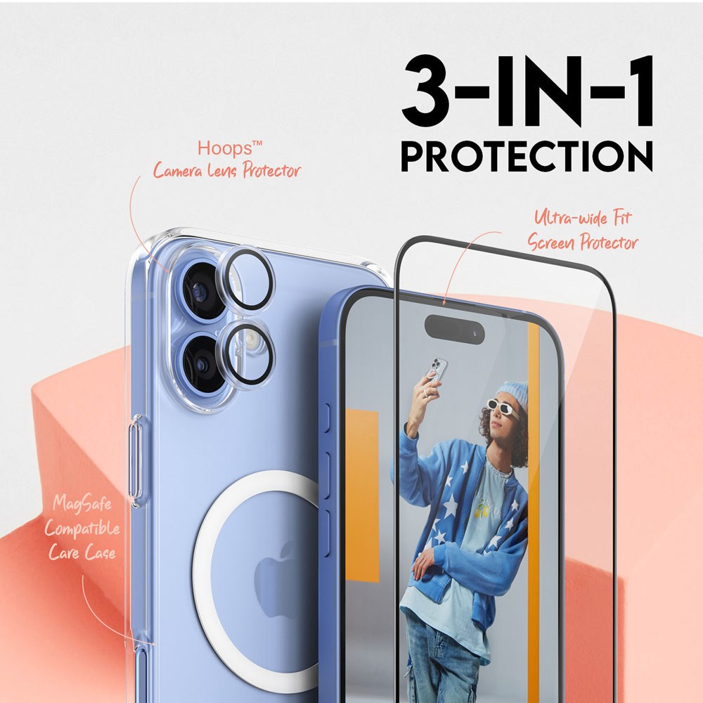 CARE By PanzerGlass iPhone 16 Plus 3-i-1 FLAGSHIP MagSafe Bundle - Skærmbeskyttelse (UWF) / Bagsidecover / Kamerabeskyttelse - Gennemsigtig / Hvid