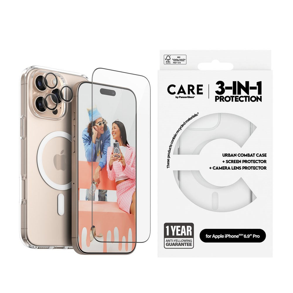 CARE By PanzerGlass iPhone 16 Pro Max 3-i-1 FLAGSHIP MagSafe Bundle - Skærmbeskyttelse (UWF) / Bagsidecover / Kamerabeskyttelse - Gennemsigtig / Hvid