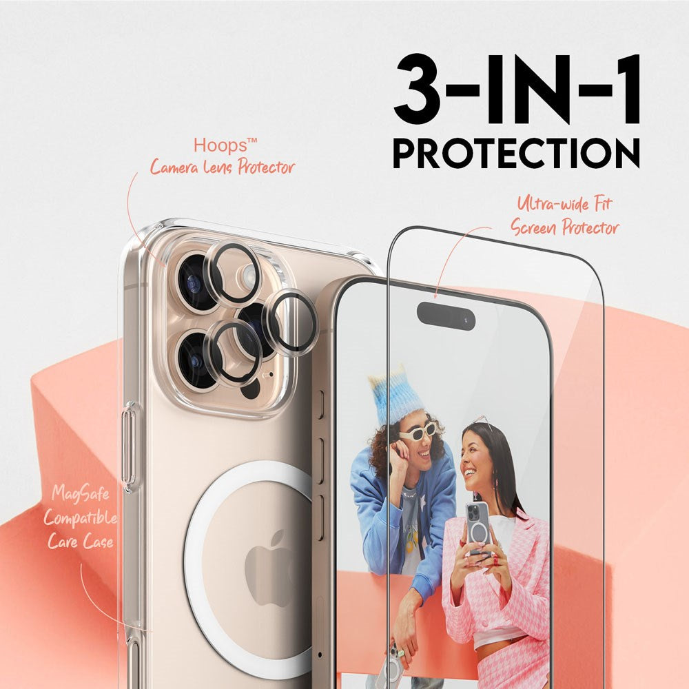 CARE By PanzerGlass iPhone 16 Pro Max 3-i-1 FLAGSHIP MagSafe Bundle - Skærmbeskyttelse (UWF) / Bagsidecover / Kamerabeskyttelse - Gennemsigtig / Hvid