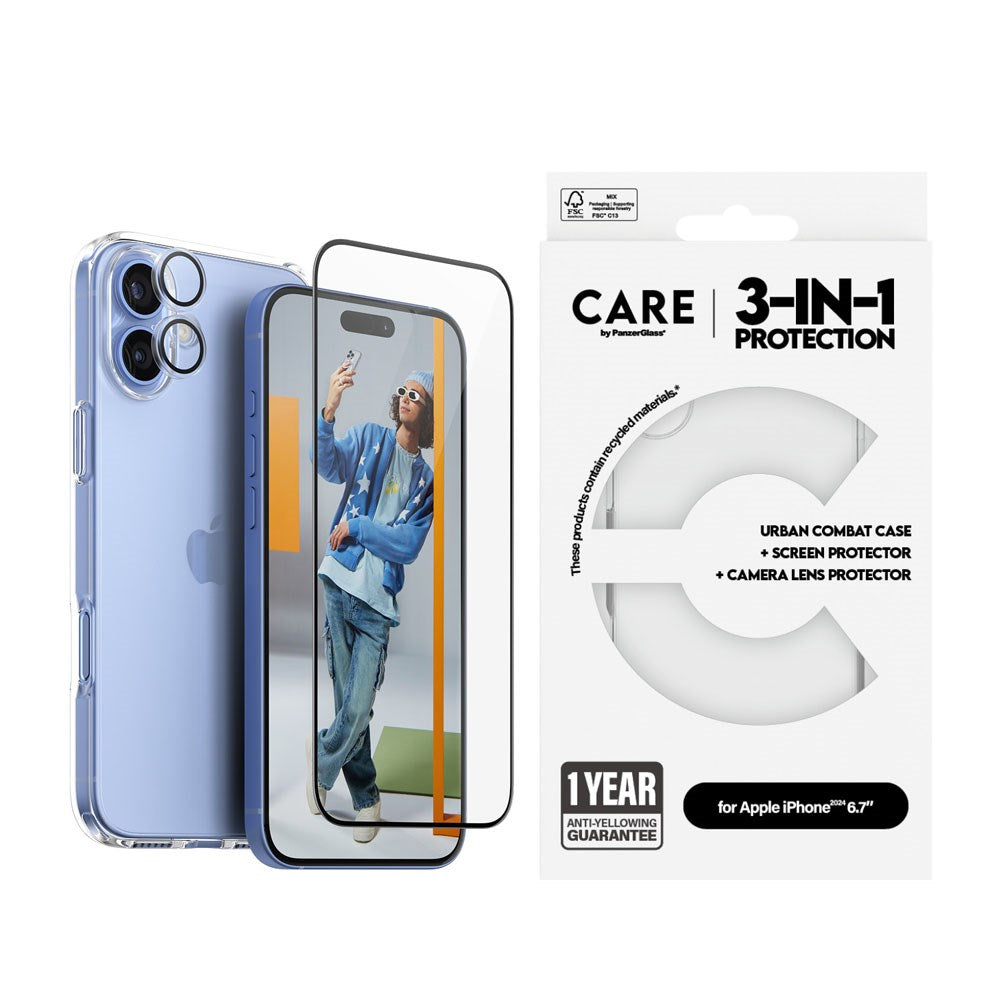 CARE By PanzerGlass iPhone 16 Plus 3-i-1 FLAGSHIP Bundle - Skærmbeskyttelse (UWF) / Bagsidecover / Kamerabeskyttelse - Gennemsigtig