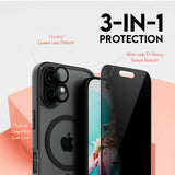 CARE By PanzerGlass iPhone 16 3-i-1 FLAGSHIP MagSafe Bundle - Privacy Skærmbeskyttelse (UWF) / Bagsidecover / Kamerabeskyttelse - Gennemsigtig / Sort