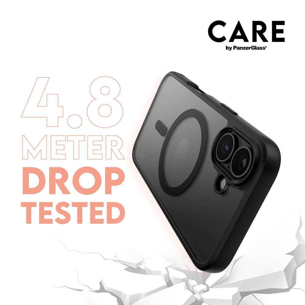 CARE By PanzerGlass iPhone 16 3-i-1 FLAGSHIP MagSafe Bundle - Privacy Skærmbeskyttelse (UWF) / Bagsidecover / Kamerabeskyttelse - Gennemsigtig / Sort