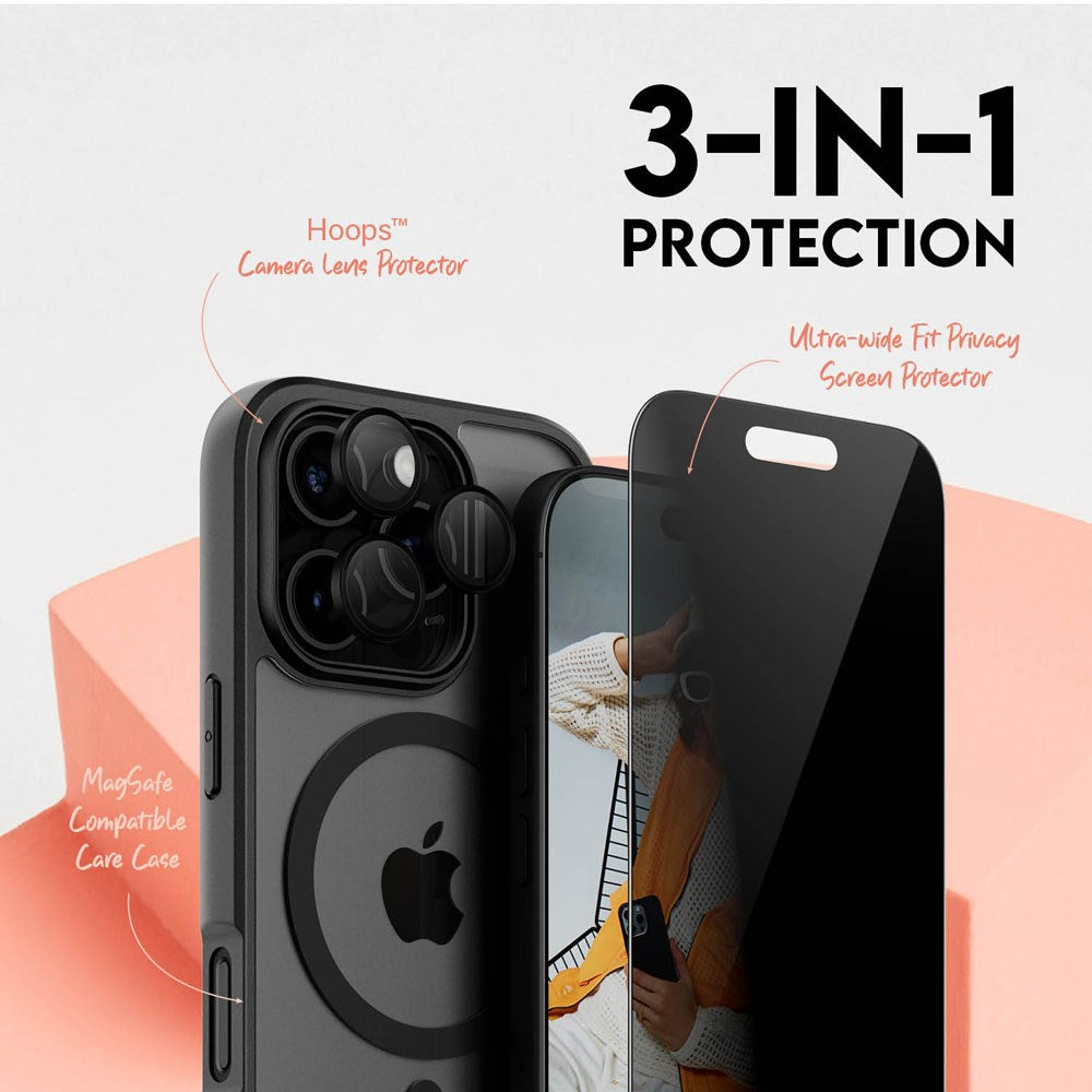 CARE By PanzerGlass iPhone 16 Pro 3-i-1 FLAGSHIP MagSafe Bundle - Privacy Skærmbeskyttelse (UWF) / Bagsidecover / Kamerabeskyttelse - Gennemsigtig / Sort
