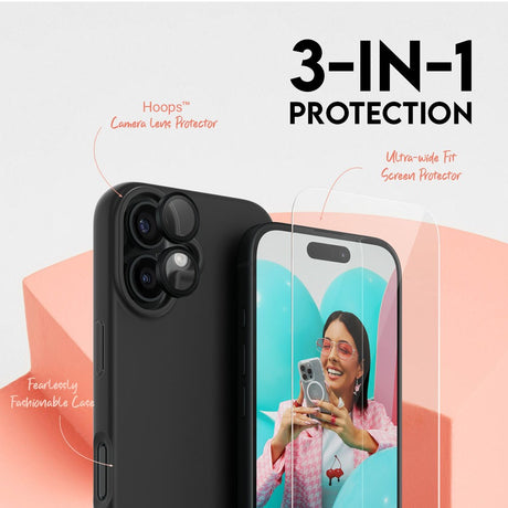 CARE By PanzerGlass iPhone 16 3-i-1 FASHION Bundle - Skærmbeskyttelse (UWF) / Bagsidecover / Kamerabeskyttelse - Gennemsigtig / Sort
