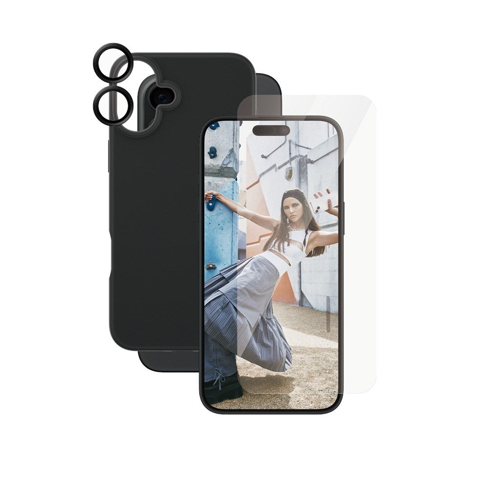 CARE By PanzerGlass iPhone 16 Plus 3-i-1 FASHION Bundle - Skærmbeskyttelse (UWF) / Bagsidecover / Kamerabeskyttelse - Gennemsigtig / Sort